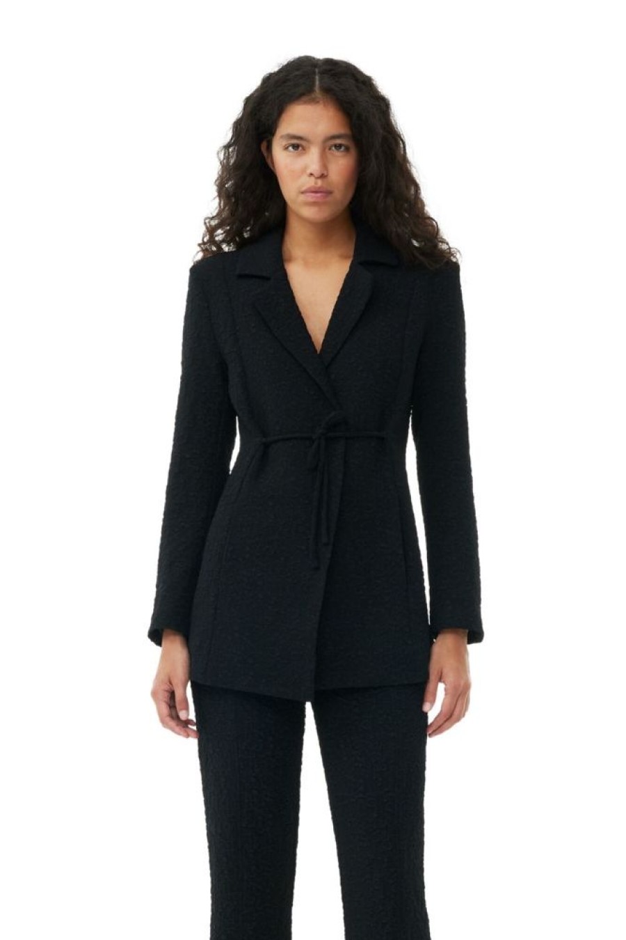 Toj GANNI | Ganni Textured Suiting Tie String Blazer Black